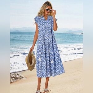Grace Karin Blue & White Ikat Midi Dress – XL
